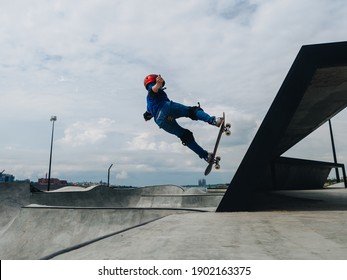 Kazan, Russia - July 23, 2020: Teenager skater in the largest extreme park in country - Uram.