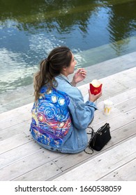 Kazan Russia June 10 2018, Custom Designed Hand Painted Customized Vintage Blue Levis Denim Jacket Paris Starry Night Van Gogh Inspired Art, Embellished One Of A Kind Unique Clothing On A Young Girl