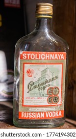 Kazan, Russia – June 28, 2017.  Old Empty Bottle Of Stolichnaya Vodka.