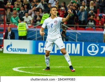 Kazan, Russia – June 28, 2017. Chile national football team striker celebrating a goal during penalty shootout of FIFA Confederations Cup semi-final against Portugal.