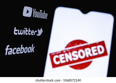 Kazan, Russia - May 4, 2021: The Photo Illustrates The Use Of Censorship In The Popular Social Media Youtube, Twitter And Facebook. Censored In Social Network. 