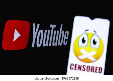 Kazan, Russia - May 4, 2021: The Photo Illustrates The Use Of Censorship In The Online Video Platform Youtube. Censored In Youtube. Emojis With A Taped Mouth On The Background Of The Youtube Logo.