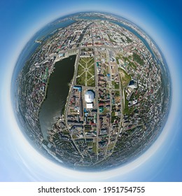 Kazan, Russia. Millennium Park. 360 Degree Aerial Panoramic Asteroid