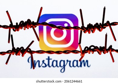 Kazan, Russia - Oct 21, 2021: Instagram Social Network Logo Behind Barbed Wire. The Concept Of Instagram Censorship And Prohibition.