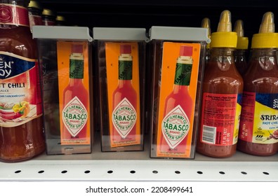 Kazan, Russia. September 10, 2022. Tabasco Sauce On The Shelf At The Supermarket. Shoplifting Protection. 