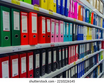 Kazan, Russia. September 22, 2022. Rows Of Colorful Ledgers In An Office Supply Supermarket. Set Of Color Coded Files And Binders Used By Bookkeeper And Accountant