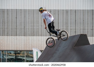 Kazan, Russia - September 26, 2020: A Young Rider Does Tricks On A BMX Bike. BMX Freestyle In A Skate Park.