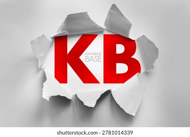 KB knowledge base acronym revealed under torn paper, bold typography with knowledge base meaning, information support documentation and help system concept for business technology illustration