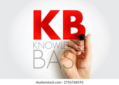 KB Knowledge Base text on image representing organized digital information, data management, learning source, documentation, and structured system access for users in computing context