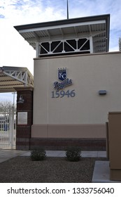 KC Royals sign at Surprise Stadium the spring training facility for the Texas Rangers and the Kansas City Royals Surprise Arizona 3/2/19