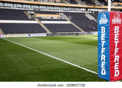 KCOM STADIUM, WALTON STREET, HULL, EAST YORKSHIRE, UK : 18 April 2021 : A General View Of The Empty Stadium From Behind The Posts Prior To A Hull FC Rugby Super League Game