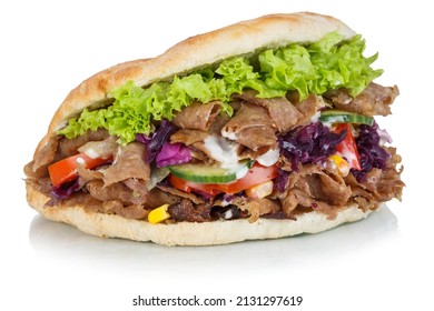 Döner Kebab Doner Kebap fast food snack in flatbread isolated on a white background