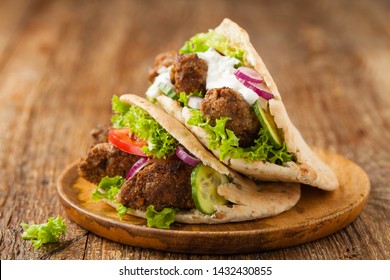 Kebab, Kofta In Pita, Bun. Traditional Southern European Dish. Front View. 