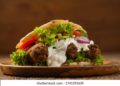 Kebab, Kofta In Pita, Bun. Traditional Southern European Dish. Front View. 