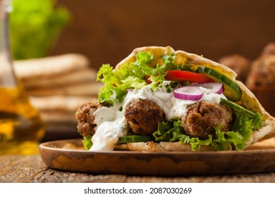 Kebab, Kofta In Pita, Bun. Traditional Southern European Dish. Front View. 