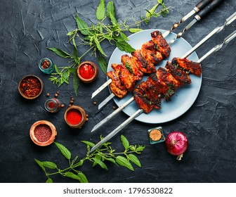 Kebab On Skewers With Nettle Marinade.Meat On Skewers,barbecue