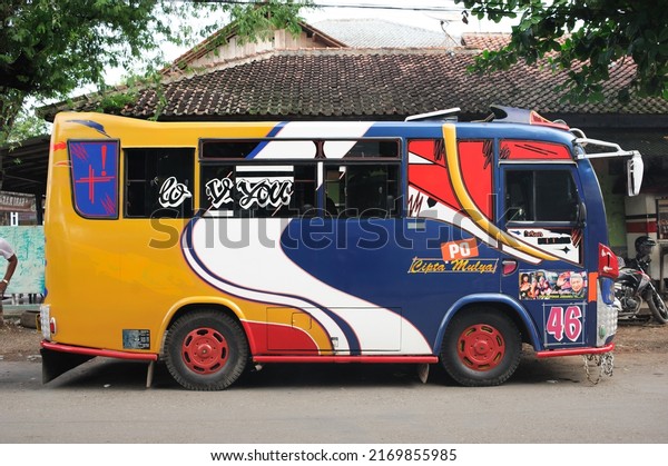 Kebumen, Indonesia - April, 2015: Bus trend with\
colorful paint in\
Kebumen.