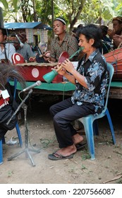 Kebumen, Indonesia - April, 2018: A Flute Player In A Kuda Lumping Dance Show.