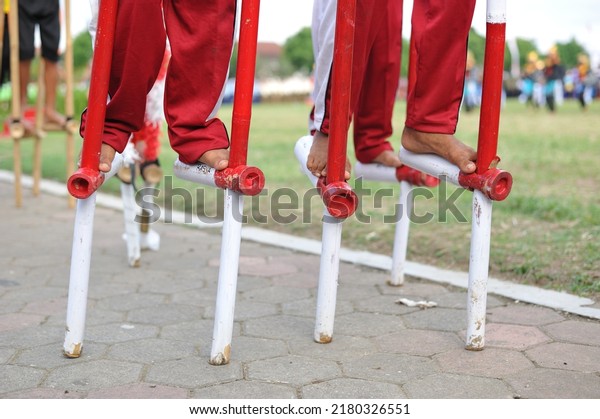 Kebumen, Indonesia - August, 2016: Students walk on\
bamboo stilts during the celebration of Indonesia\'s Independence\
Day at the Kebumen Square. Bamboo stilts are one of Indonesia\'s\
traditional toys.