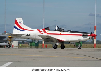 KECSKEMET, HUNGARY - AUG 17, 2008: Croatian Air Force And Air Defence Pilatus PC-9 Turboprop Training Aircraft On The Tarmac.