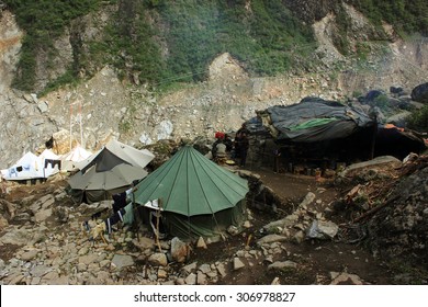 KEDARNATH, INDIA - MAY 30, 2015: SDRF (State Disaster Relief Force) Camp On Kedarnath Trek Route To Help Pilgrims Trekking To Holy Kedarnath Jyotirlinga In Himalaya In Uttarakhand, India.