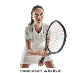 Keep calm and play tennis. Studio shot of a female tennis player holding a racket against a white background. - Powered by Shutterstock