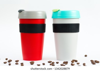 Keep Cup On White Background With Coffe Beans