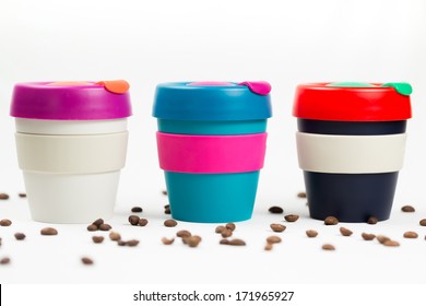 Keep Cup On White Background With Coffee Beans