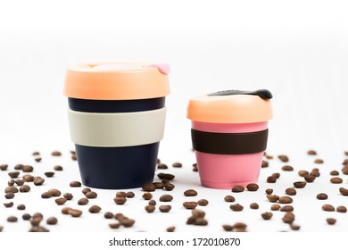 Keep Cup On White Background With Coffee Beans