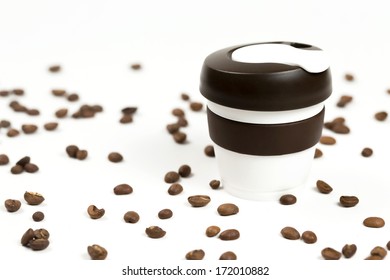 Keep Cup On White Background With Coffee Beans