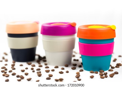 Keep Cup On White Background With Coffee Beans