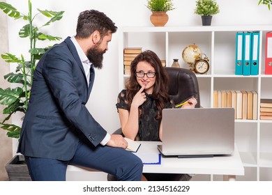 Keep Flirting At Work. Happy Woman And Man Flirting In Office. Office Romance. Just Innocent Flirt