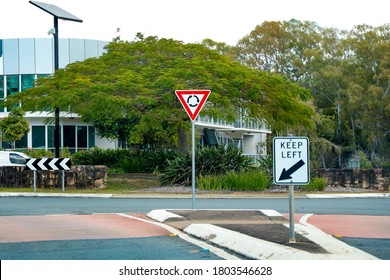 Keep Left And Roundabout Sign On The Street In Australia 