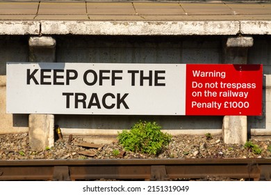 Keep Off The Track Sign Next To Train Track.  Manchester, England.