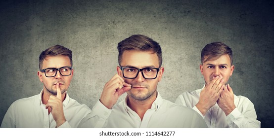 Keep a secret be quiet concept. Three secretive man keeping mouth shut. - Shutterstock ID 1114642277