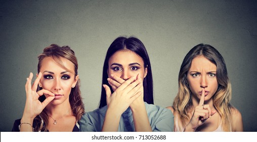 Keep A Secret Be Quiet Concept. Three Secretive Woman Keeping Mouth Shut. 