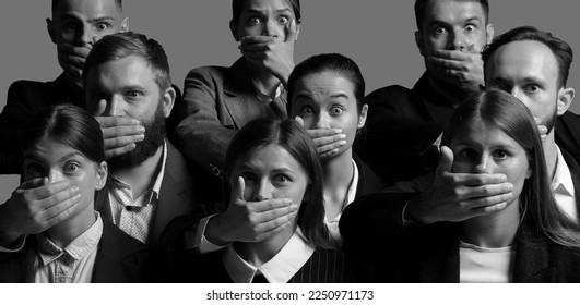 Keep silence. Black and white portraits of young people with hands close their mouth and do not allow to speak. Human rights, freedom speech, censorship and social issues concept. - Shutterstock ID 2250971173