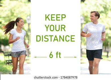 KEEP YOUR DISTANCE 6 Feet Prevention Sign Covid-19 Social Distancing For People Walking In City Park Talking Together During Walk Run Jogging. Asian Woman Jogger Running With Man.