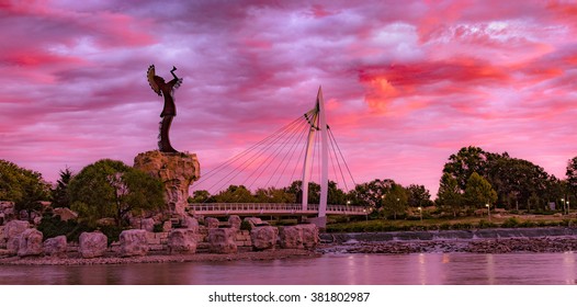 Keeper Of The Plains Indian In Wichita, Kansas. A Steel Sculpture By Blackbear Bosin That Stands At The Fork Of The Arkansas River.