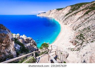 Kefalonia, Greece. Platia Ammos Beach, one of the most beautiful beaches of Cephalonia Island, Greek summer holiday landscape.