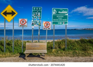 Kegaska, Qc, Canada - August 28th 2020: Sign Marking The End Of Scenic Road 138 In The Small Fishing Village Of Kegaska In Cote Nord Region Of Quebec, Canada