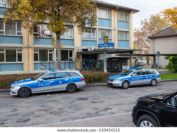 KEHL, GERMANY - NOV 4, 2016: Polizei  Police car
Mercedes-Benz blue car parked in front of Police Station in center
of the city of Kehl, 
