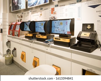 Kehl, Germany - Oct 6, 2017: Row Of Multiple Digital Photo Printing Devices Kodak Picture Kiosk Inside Edeka Supermarket