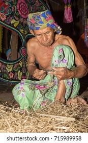 KELANTAN, MALAYSIA - 15 July 2017: Unidentified Man Is Making The Traditional Moon Kite Or Locally Known As 