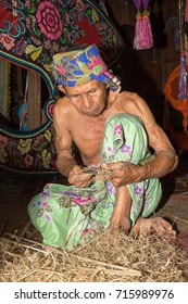 KELANTAN, MALAYSIA - 15 July 2017: Unidentified Man Is Making The Traditional Moon Kite Or Locally Known As 