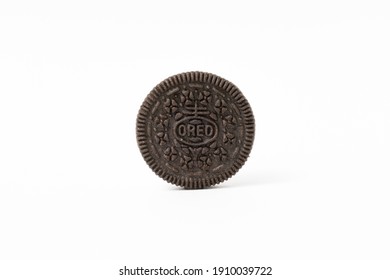 Kelantan, Malaysia - 5 February, 2021 : Oreo Biscuits on white background. It is a chocolate cookies with a sweet cream.