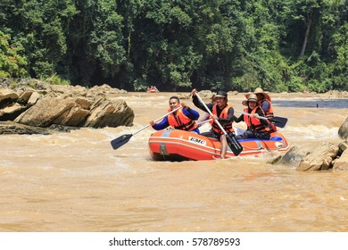 Kelantan, Malaysia, July 2011: Rafting With Dinghy In Kelantan River, Malaysia.