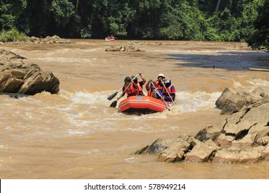 Kelantan, Malaysia, July 2011: Rafting Expedition With Dinghy In Kelantan River, Malaysia.