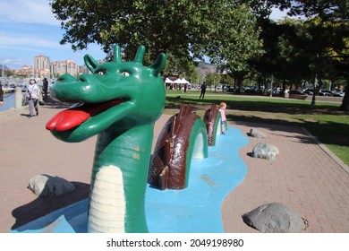 Kelowna, British Columbia, Canada - September 6th 2021: Ogopogo Statue In Downtown Kelowna