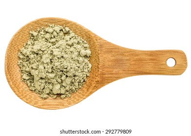 Kelp Seaweed Powder - Top View Of A Wooden Spoon Isolated On White